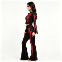 Halloween Skelett-Kostüm für Damen, Rotes Knochenmuster Langarm-Crop-Top und Schlaghose Set, Party-Verkleidung
