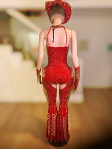 بدلة نسائية مكونة من قطعة واحدة وبنطلون مزينة بشرّابات وأحجار الراين الحمراء، زي راقصة استعراضية أو راعية بقر، ملابس مناسبة للمهرجانات والكرنفالات وحفلات الريف - Product Image 4