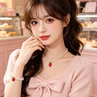 Collier en laiton avec perles rouges et perles de culture, style français vintage, motif fruit, chaîne de clavicule plaquée or 18 carats, cadeau