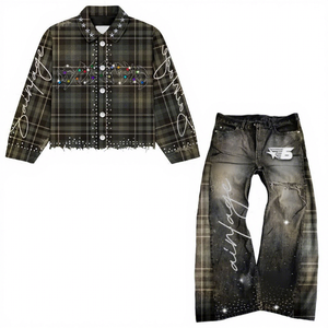 Custom Heavyweight Sun Faded Jacket and Pants Distressed Denim Suit Streetwear Vintage <strong>Embroidery</strong> Rhinestone Men's Jeans <strong>Set</strong> - Product Image 1