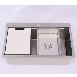 La dernière conception d'évier de cuisine et de planche à découper fabriqués à la main en surface volcanique en acier inoxydable avec grand panier filtrant - Product Image 5