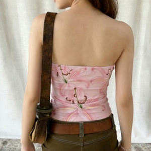 Wholesale Women Summer Romantic Floral Print <b>Pink</b> Tube Top Backless <b>Sexy</b> Crop Top Vacation Style Strapless Camisole - Product Image 5