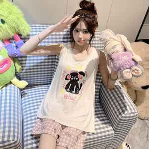 <strong>Pyjamas</strong> Summer Modal <strong>Vest</strong> <strong>Top</strong>. Bubble Wrinkle Shorts Suit Pajamas Women's Strap Fixed Chest Pad for Outer Wearing - Product Image 4