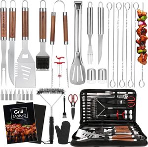 Ensemble complet <span class=keywords><strong>de</strong></span> 35 <span class=keywords><strong>ustensiles</strong></span> <span class=keywords><strong>de</strong></span> <span class=keywords><strong>barbecue</strong></span> haut <span class=keywords><strong>de</strong></span> gamme en acier inoxydable avec manche en bois, longs outils pour le camping en plein air - Product Image 1