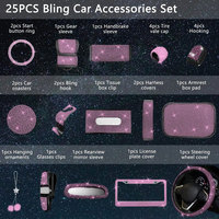 25 pièces d'accessoires intérieurs de voiture : support de plaque d'immatriculation bling, pendentif de voiture, tapis de protection de ceinture de sécurité, sac à mouchoirs, housses de volant de voiture