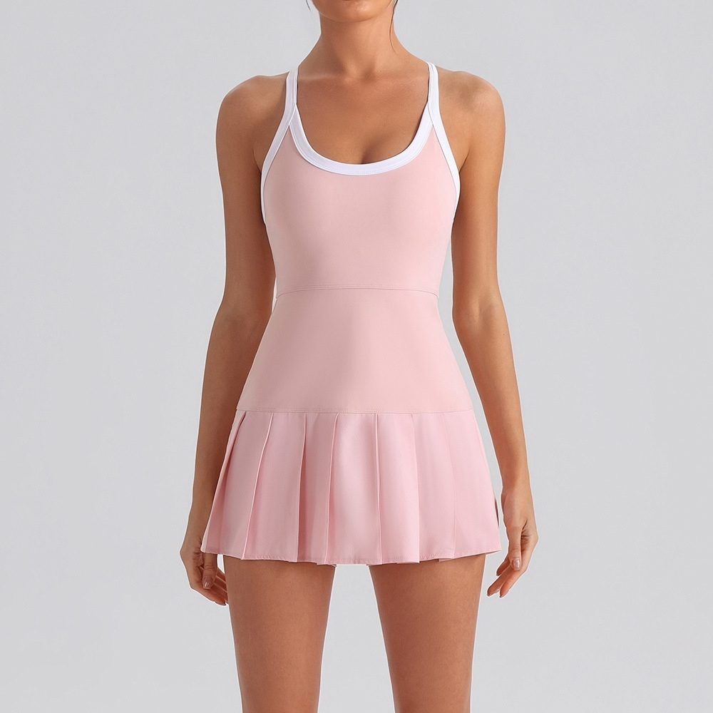 Women's Pleated 2-Piece Yoga Dress & Tennis Skirt Four-Way Stretch Elastic Waist Front Logo-High Elastic for Fitness Training