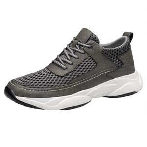 Baskets sportives unies pour hommes, printemps-été, respirantes, légères, en cuir véritable, avec semelles rehaussantes réglables de 6 cm - Product Image 5