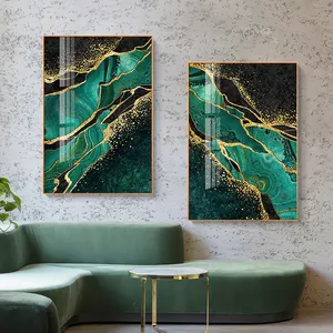 Golden Green Agate Light Luxury Canvas Poster Abstract Line Print Wall Art Painting Modern Picture Crystal Porcelain Painting