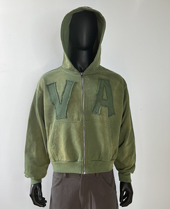 Servizio OEM, Produzione in Serie di Abbigliamento <span class=keywords><strong>Streetwear</strong></span> Personalizzato, Produttore di Felpe con Cappuccio, Giacca con Patch Effetto Vissuto per Uomo, Felpa con Zip e Ricami Applicati - Product Image 3