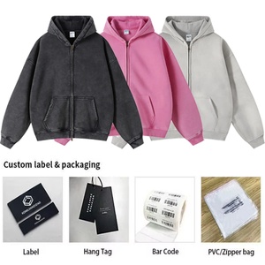 Sweat à capuche streetwear personnalisé hiver 500 g/m² en molleton 100 % coton vierge, zippé, vintage, double couche, effet soleil délavé et vieilli, délavé à l'acide - Product Image 5