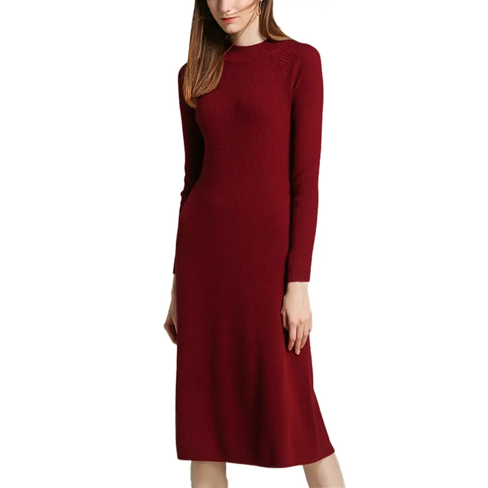 Женское трикотажное платье-свитер из смески шерсти с круглым вырезом и длинным рукавом