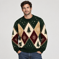 Pulls de Noël moches pour hommes en gros, pull tricoté à col rond avec logo personnalisé, fournisseur de pulls de Noël rétro à motif Argyle flocon de neige