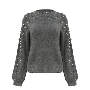 Suéter de Punto Personalizado para Mujer, Primavera-Otoño, Moda, Holgado, Cuello Redondo con Cuentas, Manga Larga, <span class=keywords><strong>Gris</strong></span> - Product Image 1
