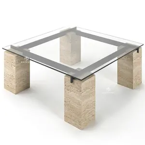 Tavolo centrale in vetro con supporto in metallo di travertino in marmo
