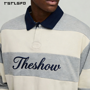 T-shirts à manches longues rayés vintage pour hommes, col en V, épaules tombantes, t-shirt oversize, streetwear, OEM ODM - Product Image 2