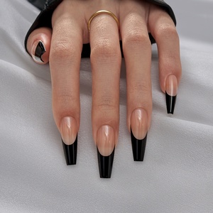 XCOATTIPS Faux Ongles Réutilisables Longs Forme Cercueil Ballerine X-Coat, Vente en Gros, French Manucure Noire, Ongles en Gel Souple à Presser - Product Image 1