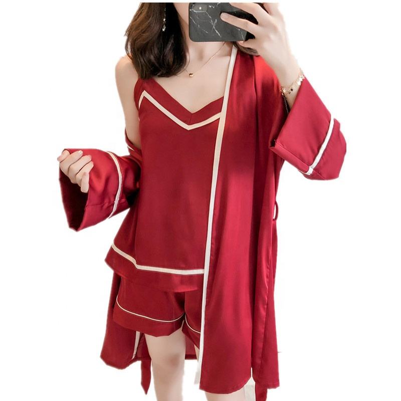 Wholesale Sexy Sleep Wear Three Pieces Silk Satin Pajamas Set For Women