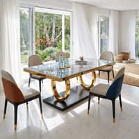 Ensemble de table à manger moderne de luxe en pierre frittée blanche brillante, base rectangulaire en métal doré incurvé
