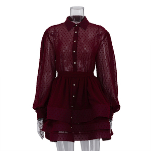 Abito Corto da Donna <span class=keywords><strong>in</strong></span> Chiffon Rosso con Cintura e Bottoni, a Maniche Lunghe Stratificate, per Feste Estive - Collezione 2026 - Product Image 4
