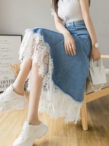 Wholesale 2026 Summer New Fashionable Mid Length High Waisted Slimming Pleated A-line Lace <strong>Patchwork</strong> Denim Women's <strong>Skirt</strong> - Product Image 2