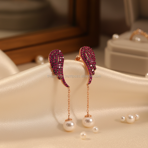 Rose Gold Plated <b>Pearl</b> WingRuby Stone <b>Earrings</b> Turkish Wholesale 925 Sterling <b>Silver</b> <b>Earrings</b> - Product Image 3