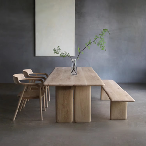 Ensemble table et bancs de salle à manger 4 places en bois massif, style Wabi-Sabi moderne et épuré, design nordique français pour salon - Product Image 2