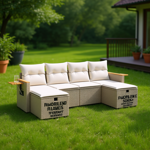ชุดโซฟาหวายสีเบจสำหรับสวน พร้อมที่เก็บของ เฟอร์นิเจอร์กลางแจ้ง เบาะกันน้ำ ดีไซน์ร่วมสมัย - Product Image 2