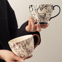 Tasse à café grande capacité en porcelaine fine, style vintage, motif cerf floral, forêt nordique, faune, finition brillante, couleur