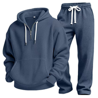 Nouvel Arrivage Ensemble de Survêtement Homme en Maille Gaufrée, Sweat à Capuche Demi-Zip avec Poche Kangourou et Pantalon de Survêtement à Taille Élastique, Tenue Décontractée pour Homme