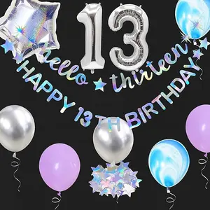 彩虹色快乐13岁生日横幅花环箔气球13岁生日装饰品官方青少年女孩生日派对