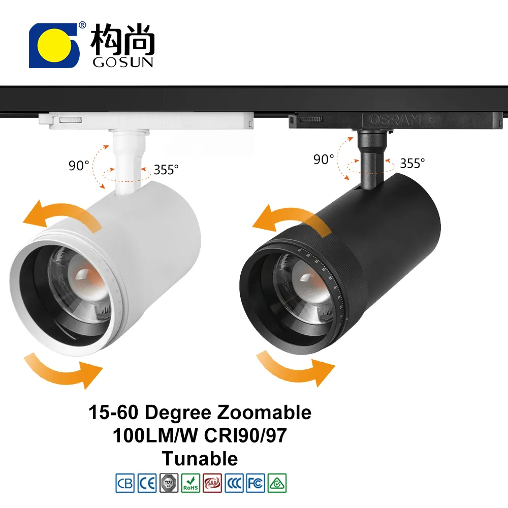 Flicker free 15-60 degree adjustable zoomable 15W/20W/30W/36W/42W LED track light