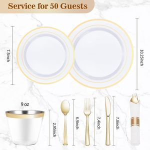 BESTVIP Ensemble <span class=keywords><strong>de</strong></span> vaisselle jetable en <span class=keywords><strong>plastique</strong></span> à bord doré pour 50 invités, comprenant <span class=keywords><strong>100</strong></span> <span class=keywords><strong>assiettes</strong></span>, 50 serviettes pré-roulées, 50 gobelets - Product Image 4