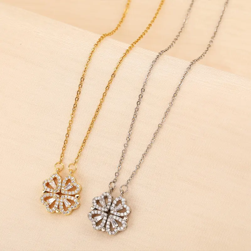 Female Open Close Four Leaf Clover Necklace Fashion Love Folding Stainless Steel Clavicle Chain Cubic Zirconia Jewelry