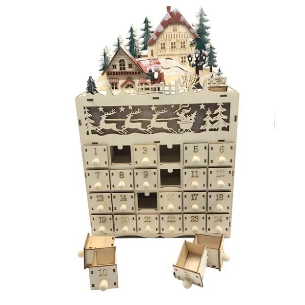 Рождественский деревянный Рождественский календарь со светодиодным освещением, дом с 24 большими ящиками для украшения Рождественского обратного отсчета