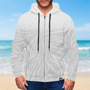 Men's Light Gray Hooded <b>Zip</b>-<b>Up</b> Sweatshirt With <b>White</b> Leaf Pattern Regular Fit Casual Summer Wear Sublimation Printed Polyester - Product Image 1