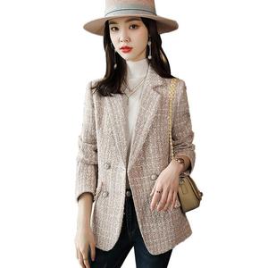 S-4XL 여성 패션 트위드 더블 브레스티드 블레이저 코트 빈티지 롱 슬리브 플랩 포켓 여성 아우터 시크 베스트 팜므 - Product Image 1