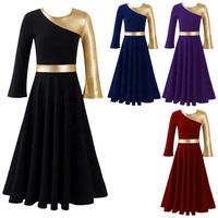 Robe de danse de louange pour filles, or métallisé, liturgique, longue, évasée, 100 % polyester, lavable en machine, pour performance scénique