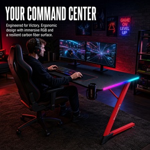 <span class=keywords><strong>Escritorio</strong></span> para Juegos RC HOME en Forma <span class=keywords><strong>de</strong></span> Z, MDF Rojo, Superficie <span class=keywords><strong>de</strong></span> Madera, Luz LED RGB USB, Portavasos ABS, Gancho para Auriculares, Mesa <span class=keywords><strong>de</strong></span> Juego para PC Ecológica - Product Image 2