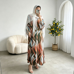Ensemble Abaya à imprimé abstrait pour femmes, style kimono ouvert, robe musulmane en mousseline avec hijab, vente en gros pour l'Aïd Ramadan - Product Image 1