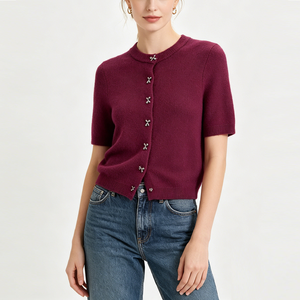Factory High Quality Bow Button Decorative Knitted <strong>Cardigan</strong> Retro Short-sleeved Chic Coat Knitted Sweaters <strong>for</strong> <strong>Women</strong> - Product Image 5