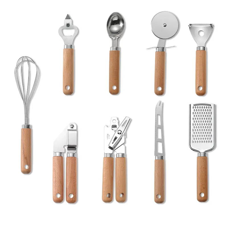 Wooden Handle Kitchen Tools 9 Pcs Stainless Steel Cooking Utensils Garlic Press Cheese Knife Silicone Kitchen Utensils