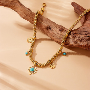European American Style Retro Metal Blue Turquoise Four Leaf Clover Tree Of Life Pendant Stainless Steel Chain Necklace - Product Image 3