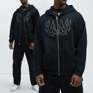 Sudadera con capucha KingSen de algodón grueso de alta calidad con cremallera, estilo oversize, personalizada con pedrería de llamas, para hombre - Product Image 1
