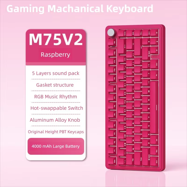 Hot Swappable Custom 75% USB-C Wireless Mechanical Gaming Keyboard Programmable RGB Backlit Mode PBT Anti-Ghosting Key Knob Pink