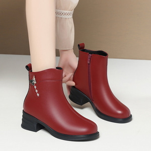 Xuanhui Fashion <strong>Burgundy</strong> Leather 4cm Low Block Heel Butterfly Ornament Fur Lined Side Zipper Ankle <strong>Boots</strong> for <strong>Women</strong> - Product Image 3