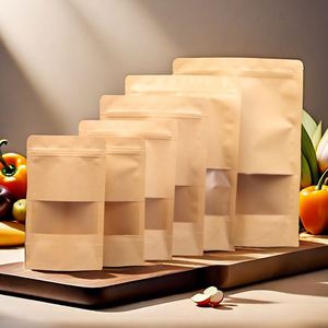 Customized Biodegradable Kraft Paper <b>Zip</b> <b>Lock</b> Pouches Stand up <b>Bag</b> Coffee Food Packaging Kraft Stand up Pouch with Window - Product Image 1