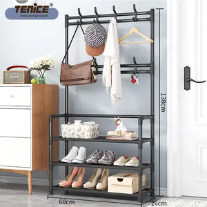 Tenice <strong>Coat</strong> <strong>Rack</strong> <strong>Shoe</strong> <strong>Bench</strong>, 3-in-1 Hall Tree <strong>Shoe</strong> <strong>Rack</strong> Multifunction Metal Iron for Entryway, 3-tier Storage Shelf and 8 Hooks - Product Image 4