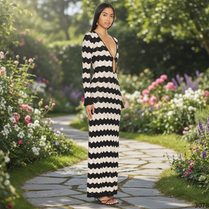 Robe longue <span class=keywords><strong>en</strong></span> maille rayée noire <span class=keywords><strong>et</strong></span> blanche à manches longues, col <span class=keywords><strong>en</strong></span> V profond, découpe avant ajourée, moulante, pour soirée, pour <span class=keywords><strong>femme</strong></span> - Product Image 4