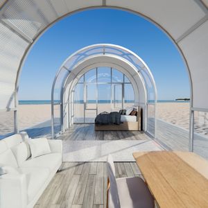 Sunroom semi-circulaire rétractable électrique pour <span class=keywords><strong>les</strong></span> centres <span class=keywords><strong>de</strong></span> villégiature <span class=keywords><strong>de</strong></span> glamping Parasol intégré idéal pour <span class=keywords><strong>les</strong></span> <span class=keywords><strong>chambres</strong></span> <span class=keywords><strong>d</strong></span>'hôtel au bord <span class=keywords><strong>de</strong></span> <span class=keywords><strong>la</strong></span> <span class=keywords><strong>mer</strong></span> - Product Image 1