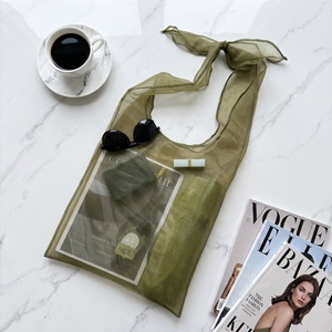 Sac à bandoulière en organza transparent style romantique <span class=keywords><strong>français</strong></span>, sac fourre-tout en maille avec nœud esthétique, sac de plage transparent, logo personnalisé - Product Image 1